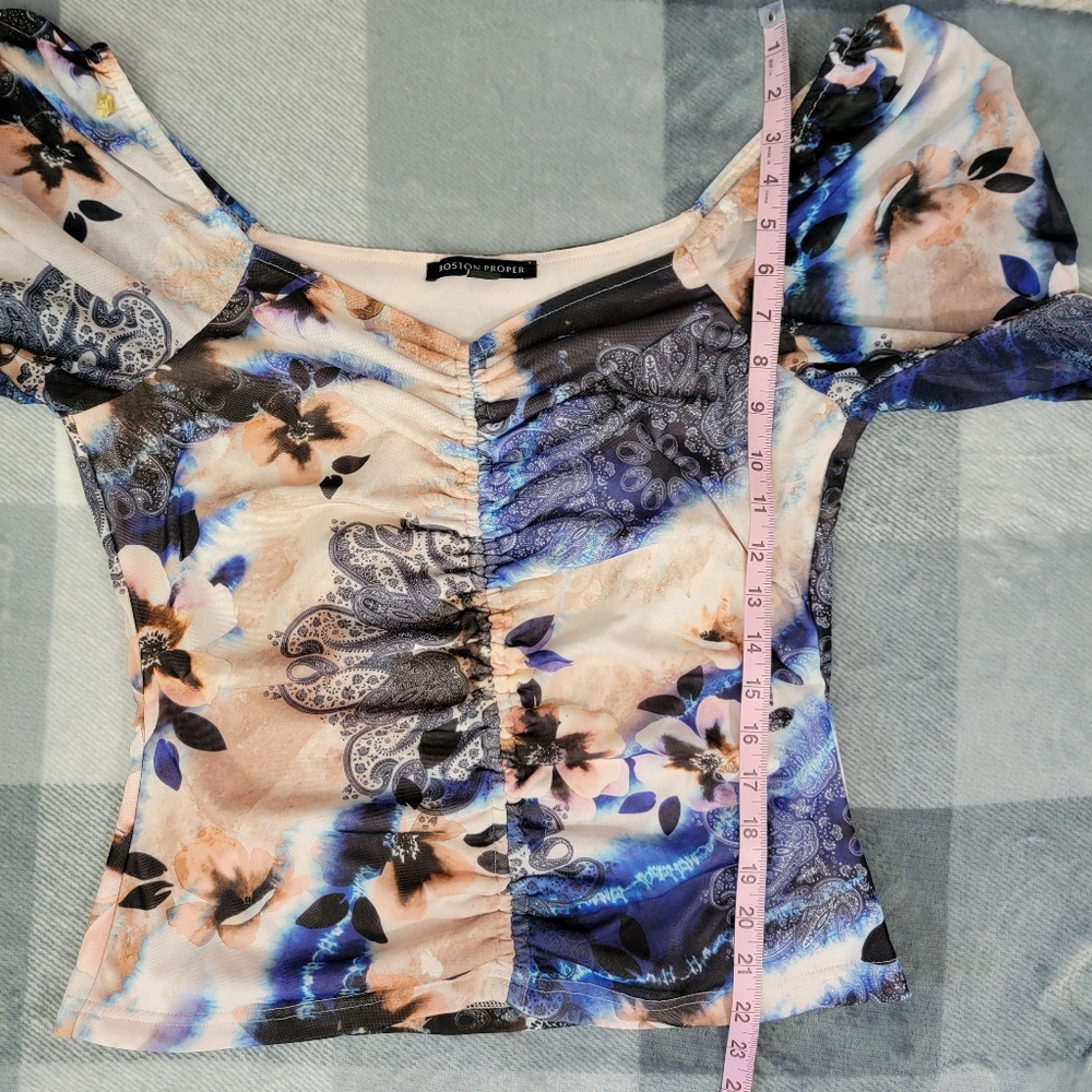 Boston Proper Ruched Off The Shoulder Blue Cream Watercolor Paisley Blouse Med - Picture 9 of 9